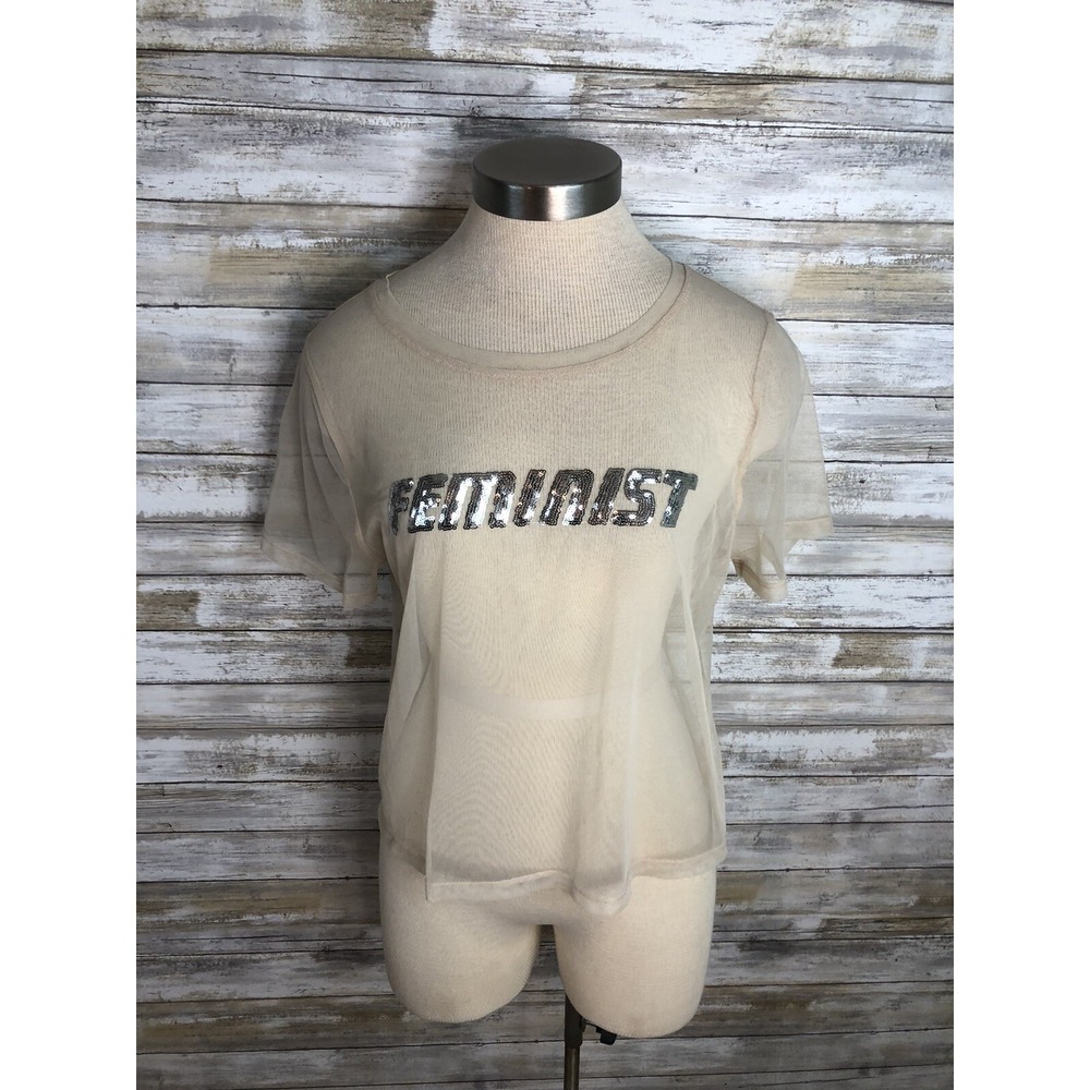 Forever 21 Top Sheer Sequin Feminist Nude Short Sleeve Size Large